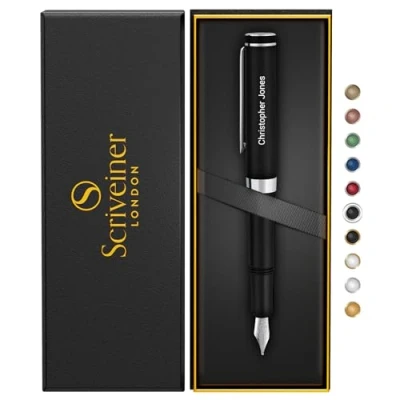 Image of Scriveiner Personalised Luxury EDC Fountain Pen (Medium), Stunning Matt Black Pocket Pen, Chrome Finish, Schmidt German Nib, Best Engraved Gift Set for Men &amp; Women, Name Engraving