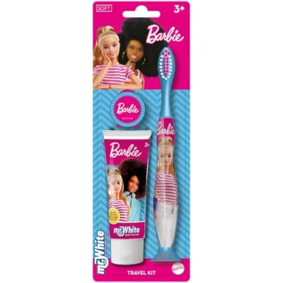 Image of Barbie Oral Care Travel Kit Contains Strawberry Flavour Toothpaste and Toothbrush with Protection Cap, Suction Cup, Comfortable Handle Soft Bristles for Kids