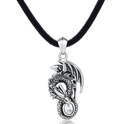 Image of DonDon Mens Leather Necklace 19.7&quot; 50 cm with Stainless Steel Pendant Dragon in 3D Optics