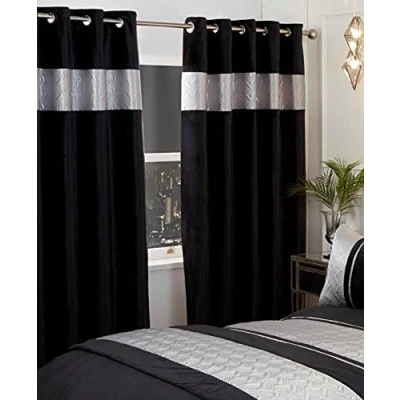 Image of Rapport Home Capri Eyelet Ring Top Header Curtain Pair Black Silver 66x72 Velvet