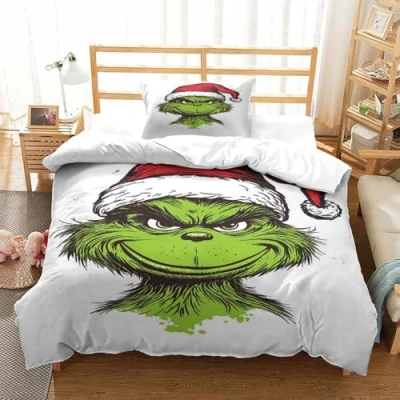 Image of SUFFERBOW Grinch 2Pcs Bedding Set Printed Quilt Cover,3D Christmas Legend Duvet Cover for Boys Adult, Microfibre, with Pillowcases Easy Care Microfiber Comforter Hidden Zipper Single（135x200cm）