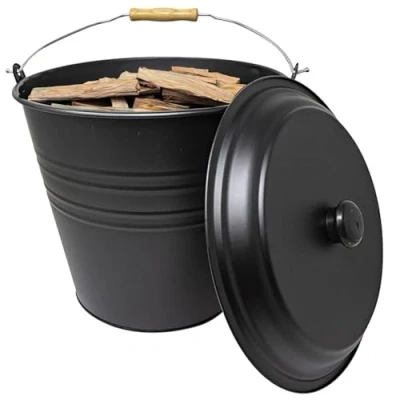 Image of 12 Litre Black Metal Ash Bucket Wooden Handle Fireplace Container Coal Storage, &amp; Lid Log Holder Living Room, Fireplace, Fire Pit Wood Burning Stove Bin, Includes