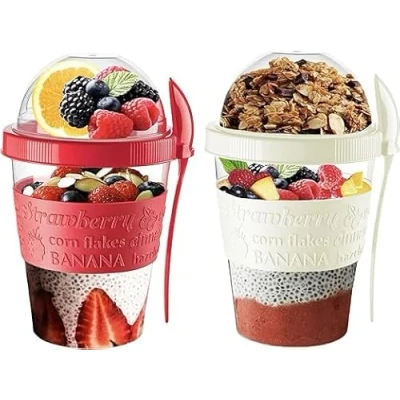 Image of VL Yogurt Pots Spoon Reusable 600ML Overnight Oats Muesli Cup with Lid BPA free Breakfast Cereal To Go Dishwasher Safe Snack Lunch Oatmeal Jars Travel Meal Food Container 20 oz (Red,Cream)