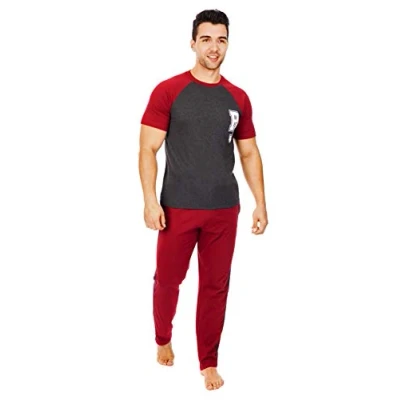 Image of Mens Tom Franks Short Sleeve Top &amp; Trouser Cotton Pyjama Sleepwear Nightwear (Grey/Red) S