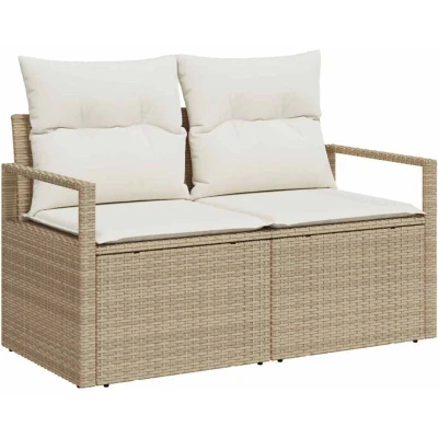 Image of vidaXL 2 Seater Garden Sofa with Storage&amp;Cushions Beige Poly Rattan