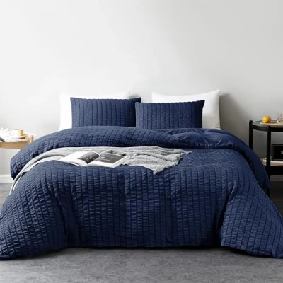 Image of My home store Seersucker Navy Single Duvet Cover Set with 1 Pillowcase Soft Breathable 2 Pcs Quilt Polyester Cotton Bedding