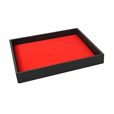 Image of Wooden Utility Tray Display with Black Leatherette Finish &amp; Choice of Insert Jewellery Storage Retail Counter Window Presentation (Tray x Red Velvet Pad)
