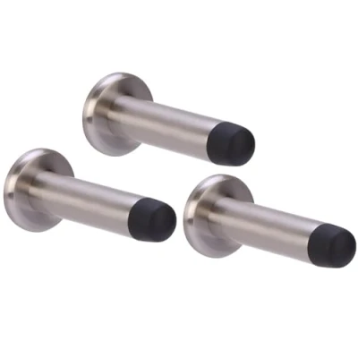 Image of HANDLEZONE® 3 Pack 75mm / inch Projecting Skirting Or Wall Mounted Door Stop, Concealed Fixing, Rubber Buffer Stopper Satin Nickel