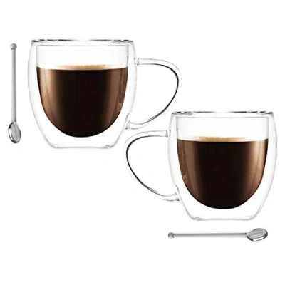 Image of Ever Rich ® Double Wall Glasses and Spoon 250ml Espresso Coffee Tea Cappuccino Clear Glass Cups Heatproof Insulated (250)