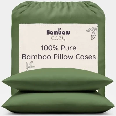 Image of Bambaw 100% Bamboo Pillow Cases Pack of 2 50x75 cm, Soft Cooling for Night Sweats, Pillows 2, Envelope Closure, Temperature Balancing Pillowcases cm (Olive)