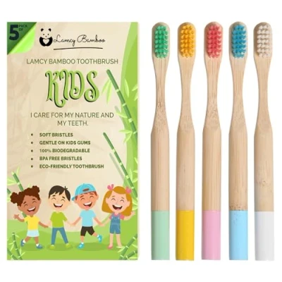 Image of Kids Bamboo Toothbrushes (5 Pack) Organic &amp; Biodegradable BPA Free Soft Bristles Eco Friendly,Natural Toothbrush Set Charcoal Wooden