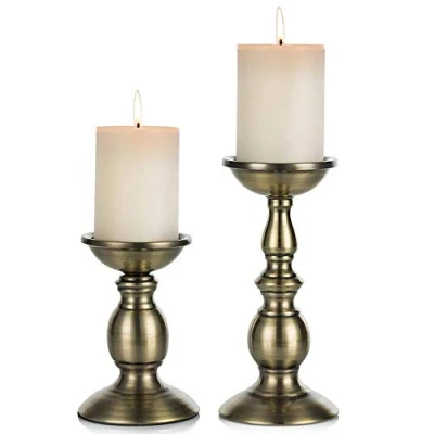 Image of Bronze 2 Pcs Iron Pillar Candle Holders, Most Ideal for 3&quot; Candles, Gifts Wedding, Party, Home, Spa, Reiki, Votive (S + L)