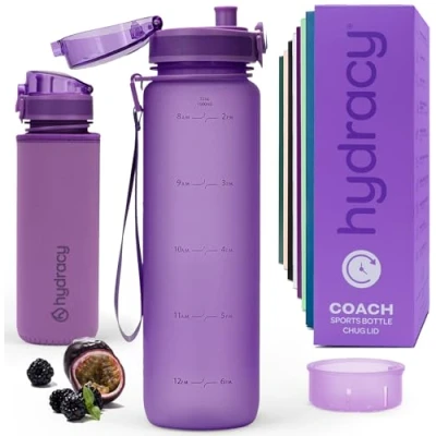 Image of Hydracy Water Bottle with Time Marker Large 1 Litre BPA Free Leak Proof &amp; No Sweat Gym Fruit Infuser Strainer Ideal for Fitness or Sports Outdoors Berry Blue
