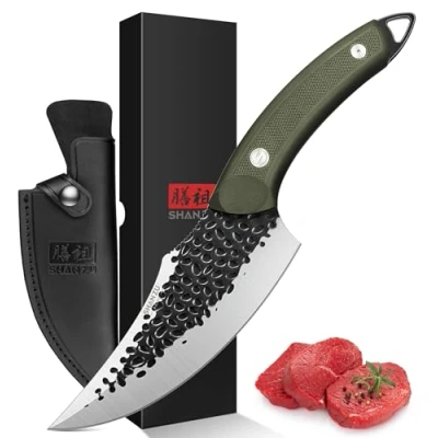 Image of SHAN ZU Chef&#039;s Knife Hand Forged Kitchen Knives with Leather Sheath High Carbon Steel Cooking Boning and Full Tang G10 Waterproof Handle, Professional for Home, Camping, BBQ Green