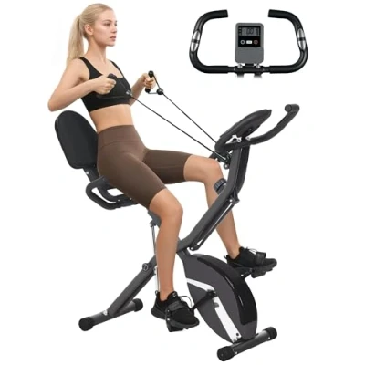 Image of SPORTNOW 5 In 1 Folding Exercise Bike with Arm Workout Bands, Quiet 8 Level Magnetic Resistance Foldable LCD, Tablet Holder, Hand Pulse Sensor for Home Use Indoor Cycling, Black