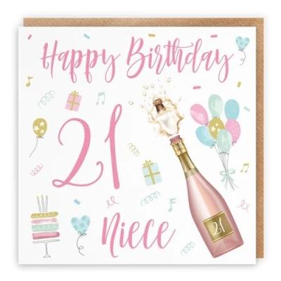 Image of Hunts England Niece 21st Birthday Card Happy 21 Champagne Collection Pretty, Balloons, Cake