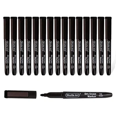 Image of Magnetic Whiteboard Pens Black, Shuttle Art 15 Pack Black Markers with Erase, Fine Point Dry Wipe for Writing on Whiteboards, Planner, Glass School Office Home