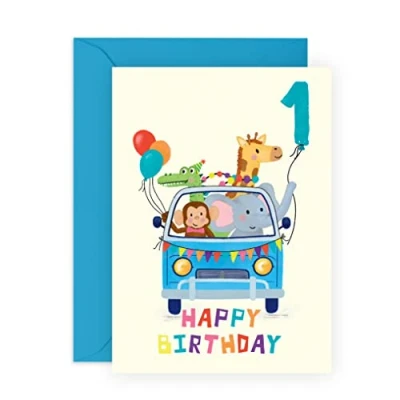 Image of Central 23 First Birthday Card for Boys BDAY CAR ANIMALS Age 1 Happy 1st Greeting Kids One Year Old Son Toddler Comes With Stickers