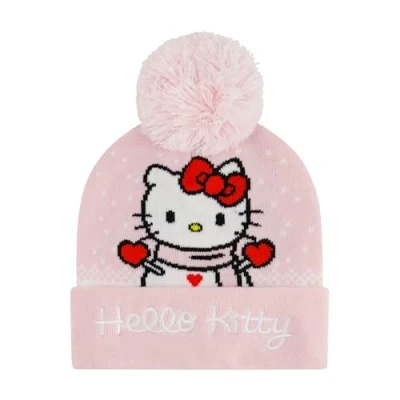 Image of Concept One Unisex&#039;s Hello Kitty Beanie Hat, Adult Women&#039;s Cuffed Knit Cap with Pom, Snowman Design, Pink, Size