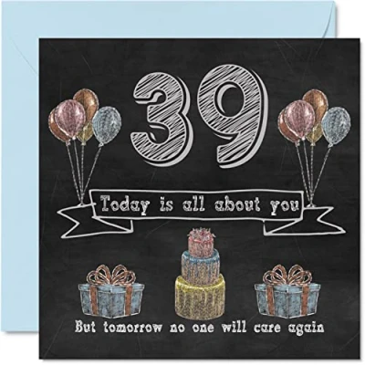 Image of Funny 39th Birthday Cards for Men Woman Chalk Blackboard Happy Card Auntie Mum Dad Daughter Son Sister Uncle Brother Cousin, 145mm x Humour Banter Greeting