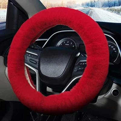 Image of Pahajim Fluffy Steering Wheel Covers, Soft Furry Car Anti skid Plush Cover Warm Wool Universal 36 39cm Winter Decoration for Women (Red)