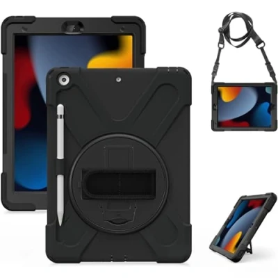 Image of Gerutek for iPad 9th/8th/7th Generation Case Shockproof, 10.2 Shockproof with [360 Rotatable Kickstand/Hand Strap][Pencil Holder] Protective Gen inch, Black