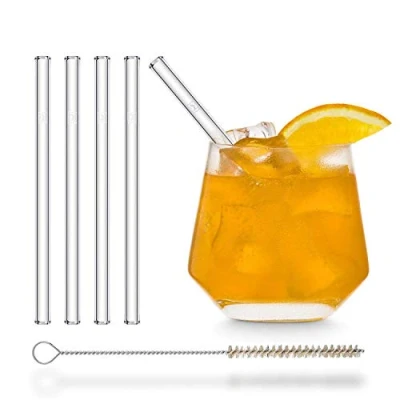 Image of Halm Glass Drinking Straws Short 4 Pieces Straight 15 cm Straw Set Reusable + Plastic Free Cleaning Brush Sippers for Cocktail Tumblers, Children&#039;s Beakers Smoothie