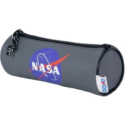 Image of DOHE Round School Pencil Case Zipper Closure, Official License, Durable Polyester, 21x7.5x7.5 cm, Supplies NASA Grey