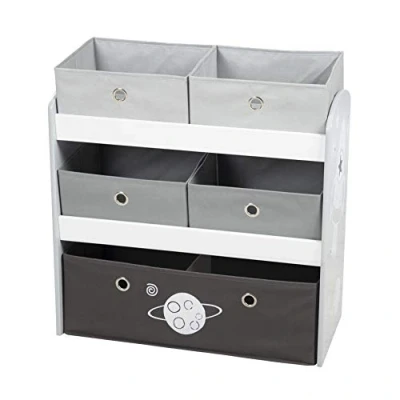 Image of roba Wooden Toy Shelf &#039;Rocket&#039; Children&#039;s Storage with 5 Fabric Boxes Rocket Themed