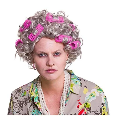 Image of Wicked Costumes Adult Grey Granny Wig with Pink Rollers