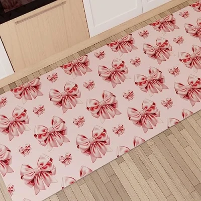 Image of PETTI Artigiani Italiani Kitchen Rug, Non Slip Washable Runner, 52 x 440 cm, Pink Bow Design, 100% Made in Italy