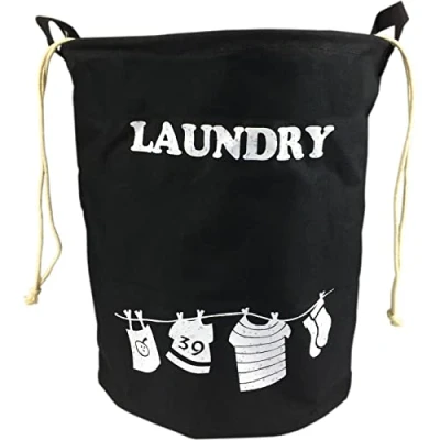 Image of 40L Black Fabric Laundry Hamper Tidy Sack with Draw String Closure 40cm (H) x 36cm (W).