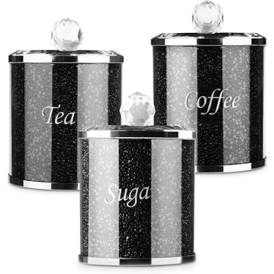 Image of Crystal Canisters for Coffee, Tea, Sugar, 15cm, Crushed Diamond Black/Silver, Set