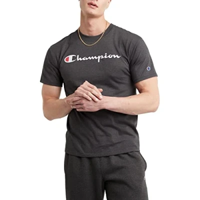 Image of Champion Men&#039;s, Classic Graphic, Soft and Comfortable T Shirts, Script Logo (Reg. Or Big &amp; Tall), Granite Heather, S