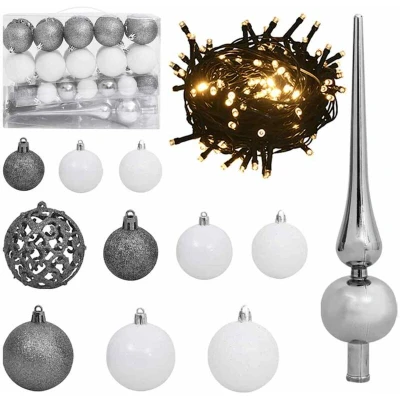 Image of vidaXL 61 Piece Christmas Ball Set with Peak and 150 LEDs White&amp;Gey