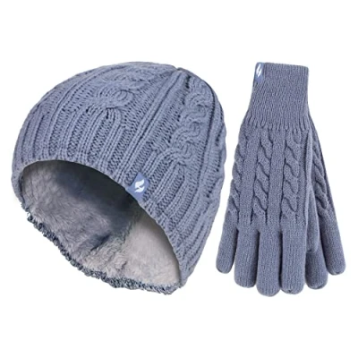 Image of HEAT HOLDERS Ladies Thermal Winter Outdoor Fleece Insulated Hat and Gloves Set in 7 Colours (M L, Dusky Blue)