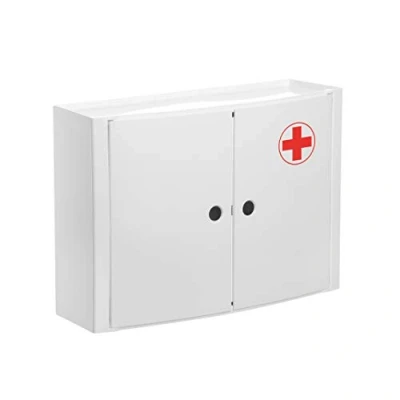 Image of TATAY Horizontal plastic cabinet, white colour, 2 doors without knobs, and removable inner shelf. Red Cross graphic on one of the