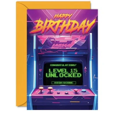 Image of 15th Gamer Birthday Cards for Boys Girls Level 15 Unlocked Happy Card Son Daughter Nephew Niece Grandson, A5 Fifteen Fifteenth Bday Video Game Greeting