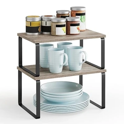 Image of SONGMICS Spice Rack, Set of 2 Cupboard Shelf Organisers, Expandable Kitchen Organiser, Stackable Holder, Metal and Engineered Wood, Ink Black Heather Greige KCS020X02