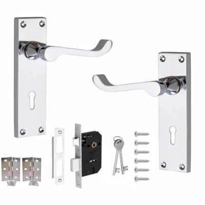 Image of Golden Grace Victorian Scroll Polished Chrome Door Handle Lock Pack +2 Lever +Hinges