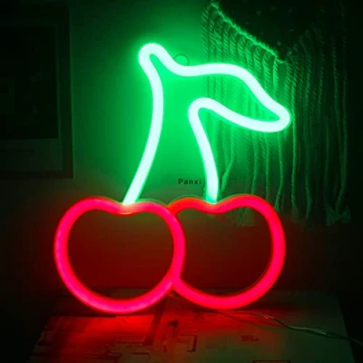 Image of Ineonlife Cherry Neon Lights for Bedroom Signs Red Green Led Wall Sign Fruit Lamp Kids Home Restaurant Dormitory Decoration