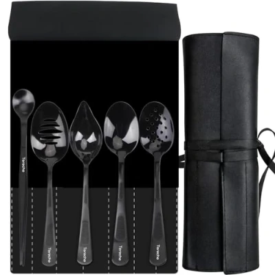 Image of CREATIVECHEF Set of 5 Kitchen Spoons Chef Plating Tools Culinary Kit, Specialty Stainless Steel Serving Set, Professional Secret, Black