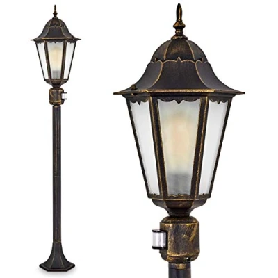 Image of Outdoor lamp Hong Kong Frost with Motion Detector, Floor in Antique Look, cast Aluminium Black/Gold Frosted Glass panes, Pathway 122cm, Vintage Garden lamp, E27, IP44, Without Bulbs