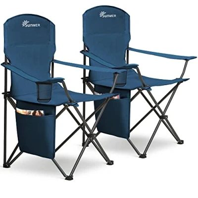 Image of SUNMER Set of 2 Folding Camping Chairs, Extra Wide Lightweight Outdoor Chairs with Armrests and Cup Holder, 120 kg Capacity Blue