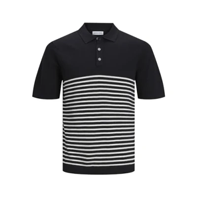 Image of JACK &amp; JONES Men&#039;s Jjeemil Knit Polo S/S Sn Jeans, Black/Stripes: Cloud Dancer, S