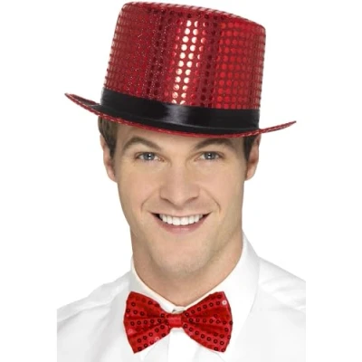 Image of Smiffys Sequin Top Hat, Red with Elastic Inner Rim, Party &amp; Carnival Fancy Dress, Adult Dress Up Hats