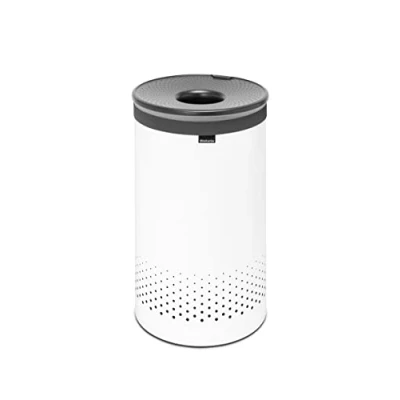 Image of Brabantia Laundry Bin Handsfree Plastic Lid Portable Bag Inside Quick drop Opening Basket with Ventilation Holes Non Scratching Bottom Corrosion Resistant White 60L