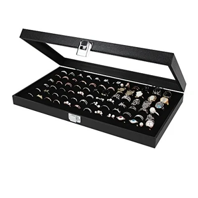 Image of JackCubeDesign Jewellery Ring Display Organiser Storage Box Case Tray Holder with 72 Slot Display(Black, Inside Black Velvet, 37.3 x 21 5 cm) :MK248A