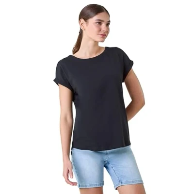 Image of Roman Plain Stretch Cotton Jersey T Shirt for Women UK Ladies Spring Everyday Summer Holiday Round Neckline Comfy Short Sleeve Soft Woven Fabric Tee Daywear Vacation Shirts Black Size 10