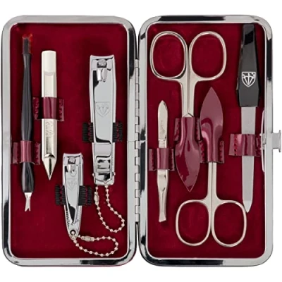 Image of 3 Swords Germany brand quality 8 piece manicure pedicure grooming kit set for professional finger &amp; toe nail care scissors clipper fashion leather case in gift box, Made by (6639)